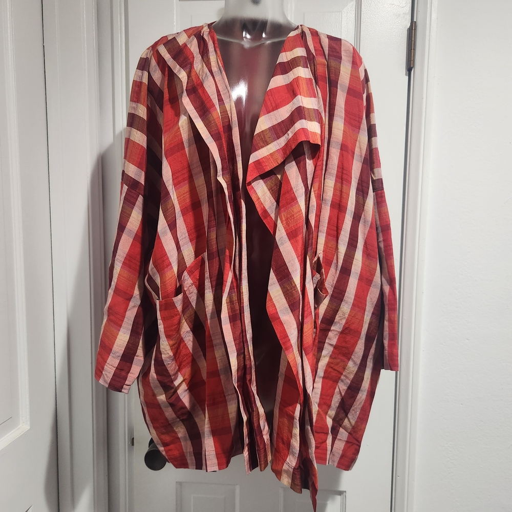 Eskandar Red Linen/Silk Open Front Jacket Sz 0